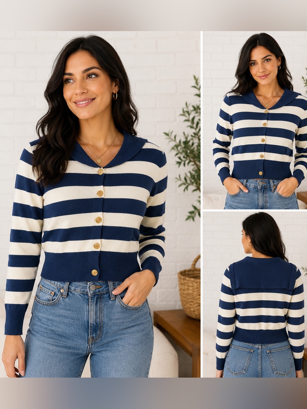 Blue & White Striped Sailor Collar Knit Cardigan Sweater Women’s Small EUC
